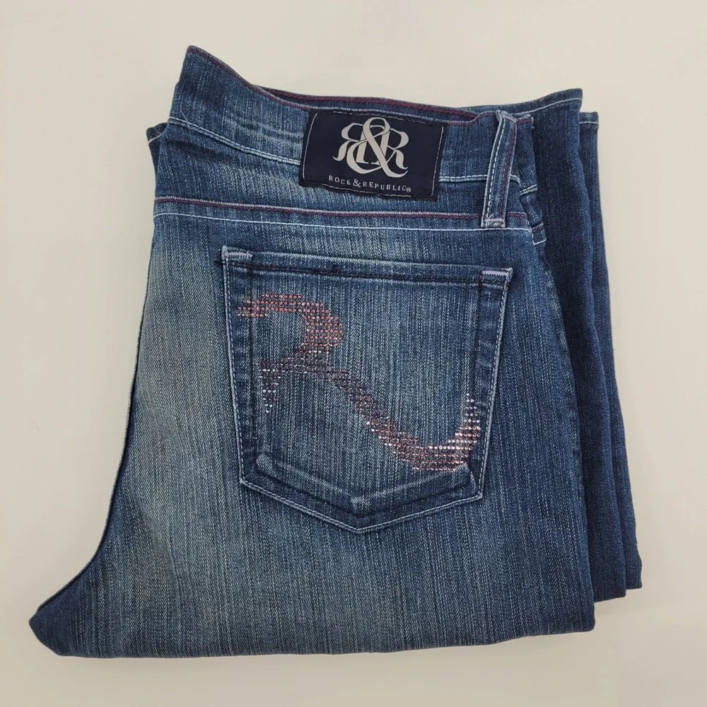 Rock & Republic Kassandra Blue Bootcut Jeans‎ Size 29 Rhinestone Back Pocket USA